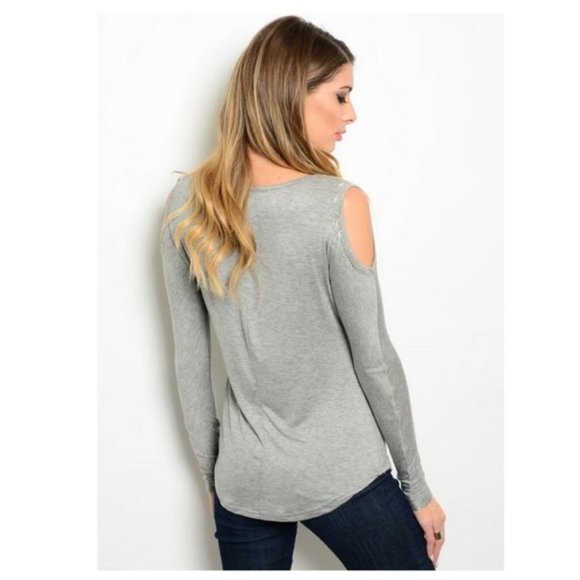 Greay beaded Cold Shoulder Long Sleeve Top - Picture 2 of 3